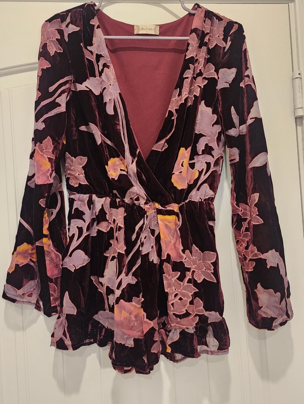 Floral Velvet Long-Sleeve Wrap Romper - Pink Floral Altar'd State Small